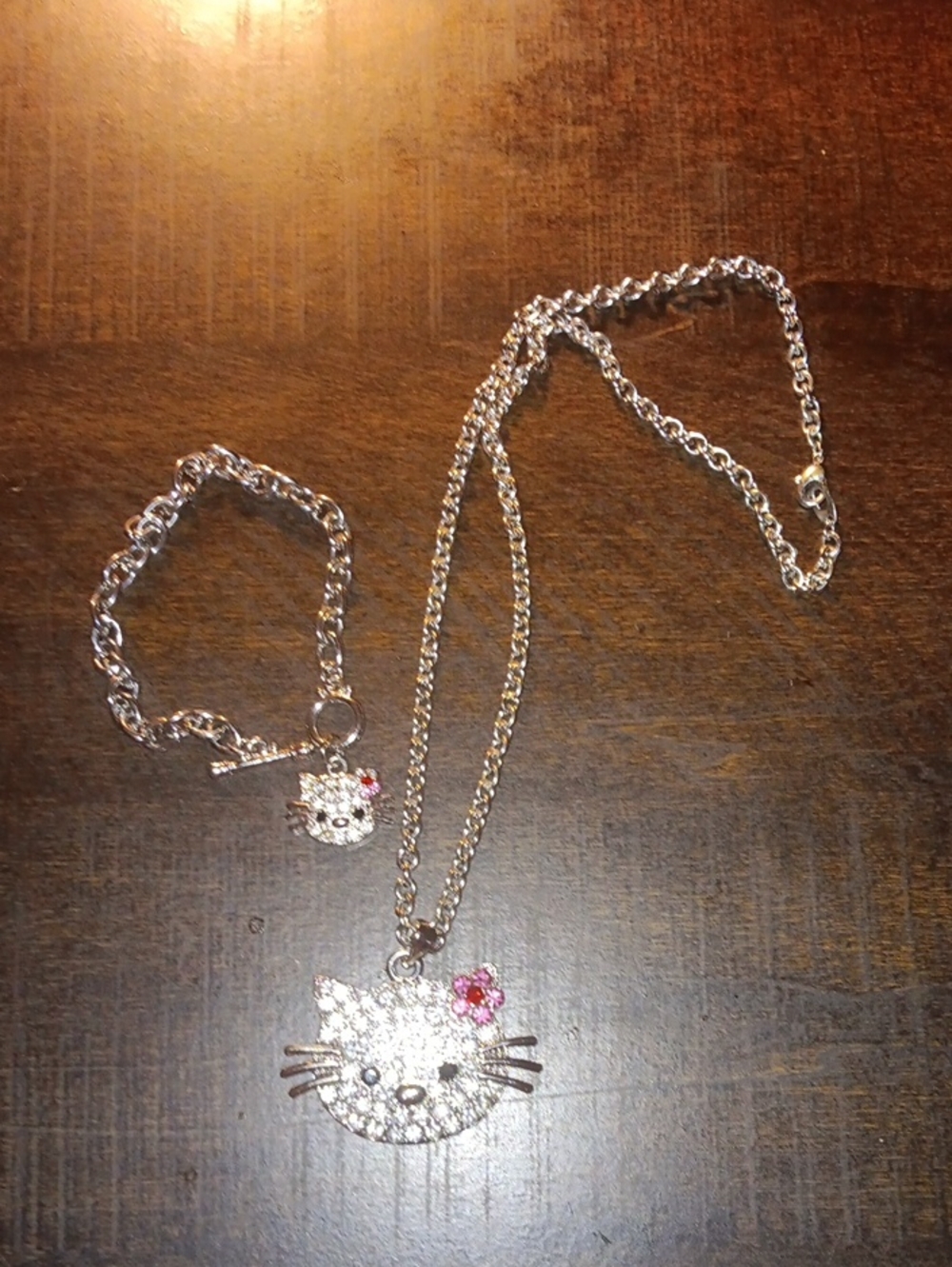 Silver Cat Face Necklace and Bracelet Set with Pink Accent